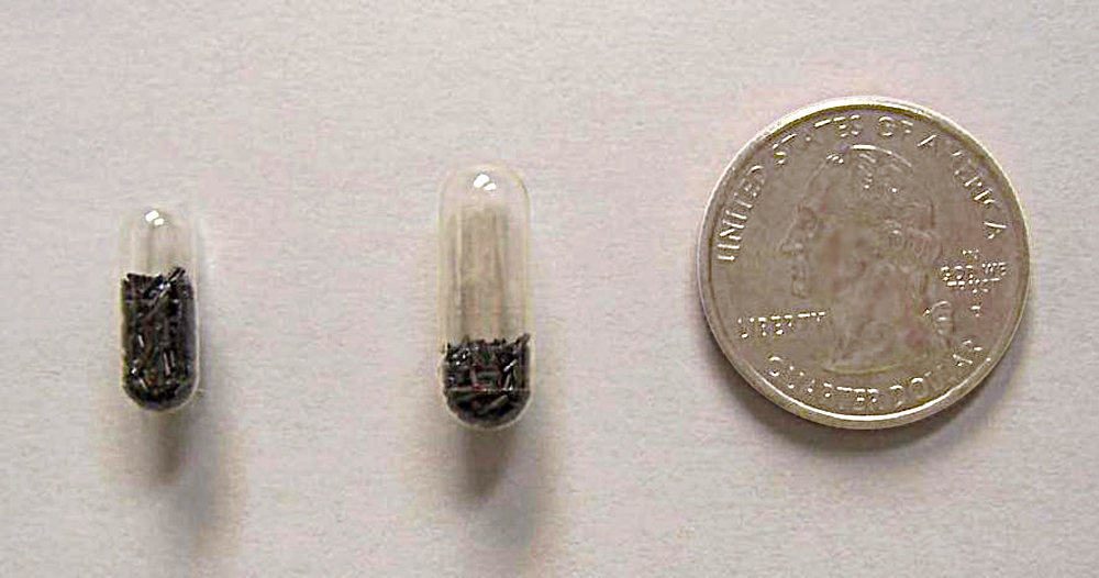Gelatin capsules, Size 3 and Size 1, filled with 0.5 g or 500 mg of COWP. Photo: Dr. Joan Burke
